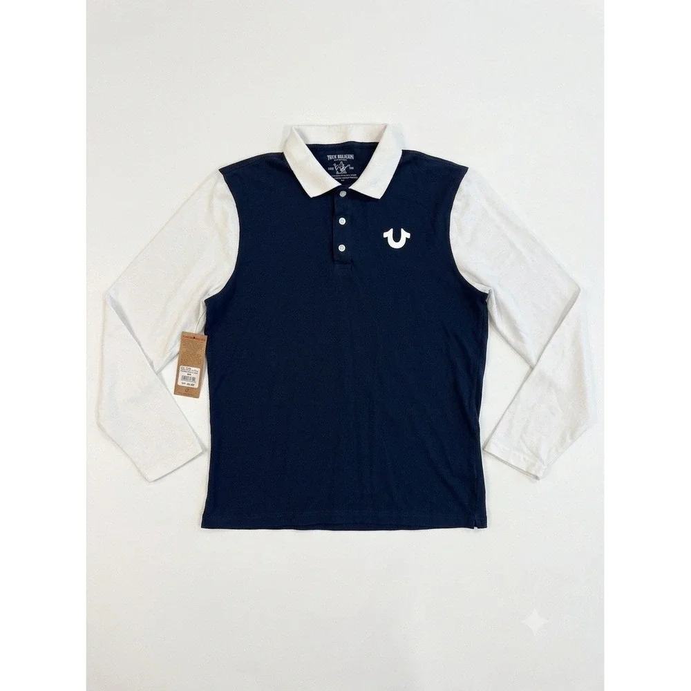 True Religion Polo Shirt Men Tru Navy/White Size XL Rugby Cotton Long Sleeve NWT